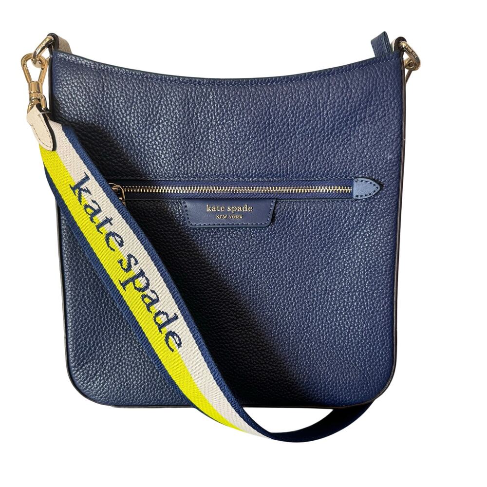 Kate Spade New York Hudson Pebbled Leather Messenger Crossbody Bag Navy Blue - Picture 1 of 16